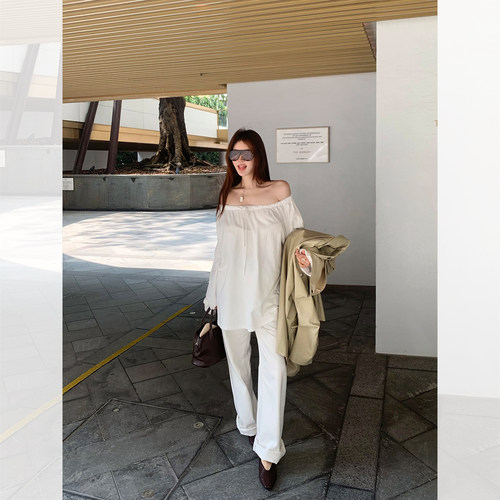 IUIU阿晶家「松弛weekday」春季松弛感一字肩休闲长袖上衣女 - 图2