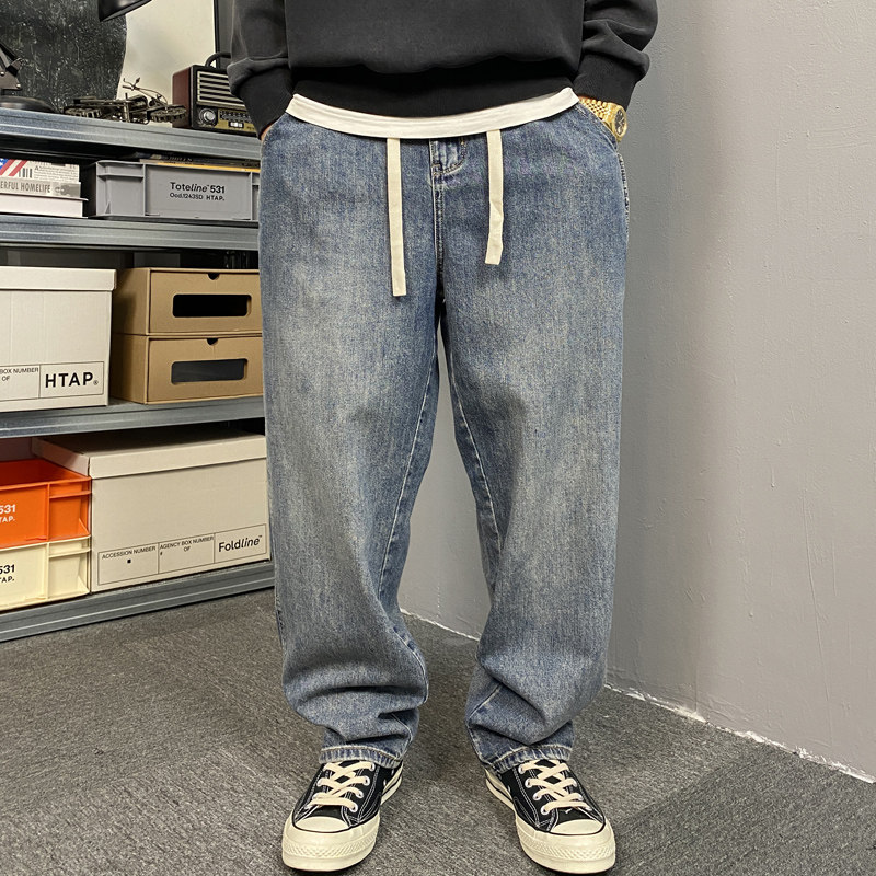 秋冬季美式休闲复古做旧加绒牛仔裤男直筒宽松通勤百搭垂感阔腿裤,淘宝优惠券,粉丝福利购,淘宝优惠卷