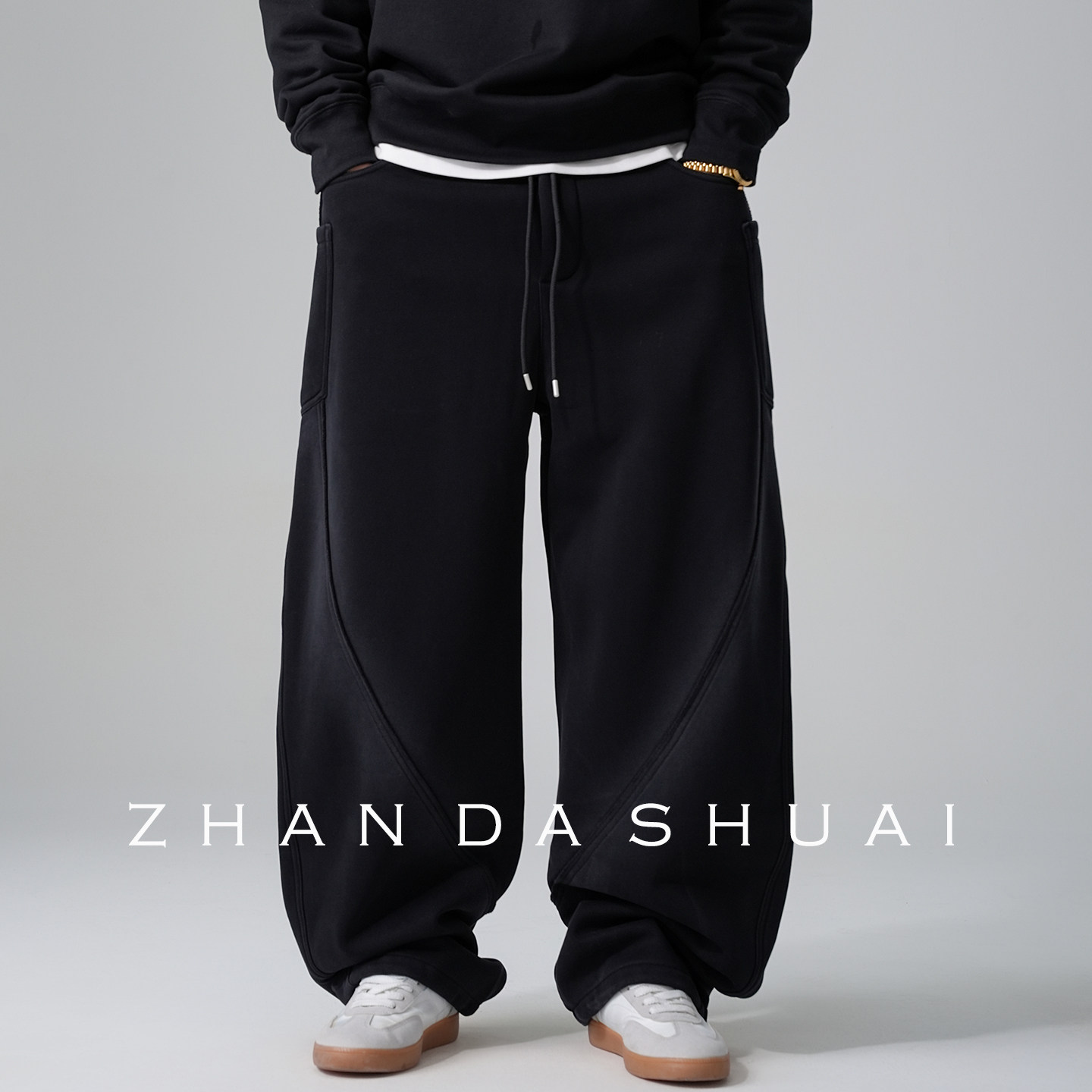 占大帅 冬季美式重磅拼接加绒卫裤男直筒宽松抽绳阔腿弯刀裤子潮 - 图0