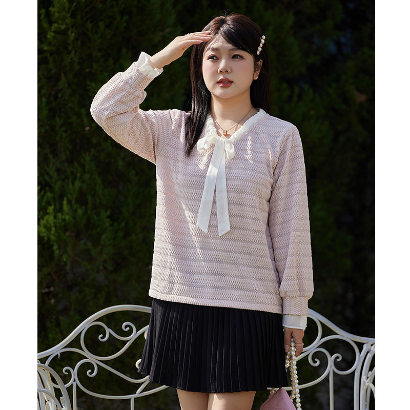 2025年秋装新款套头大码上衣女百搭显瘦胖MM蝴蝶结减龄长袖针织衫,淘宝优惠券,粉丝福利购,淘宝优惠卷