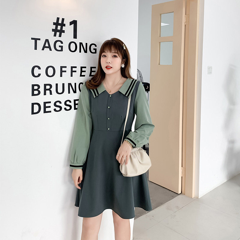 2020秋装新款海军领长袖宽松连衣裙 绮娑女装大码女装