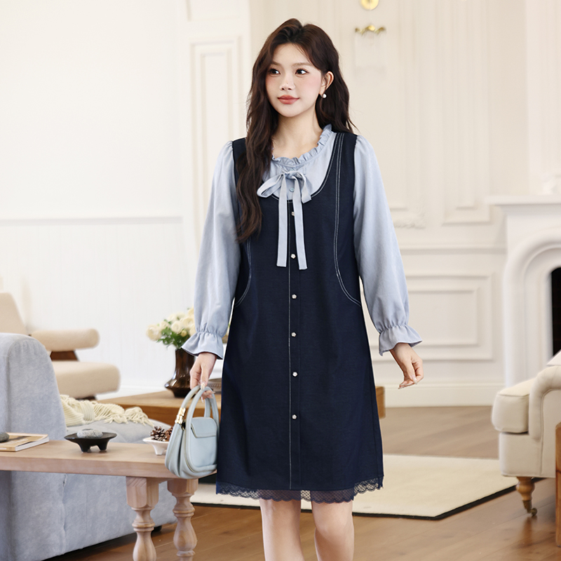 大码女装秋冬装新款显瘦胖妹妹直筒遮肉显瘦百搭长袖假两件连衣裙 - 图1