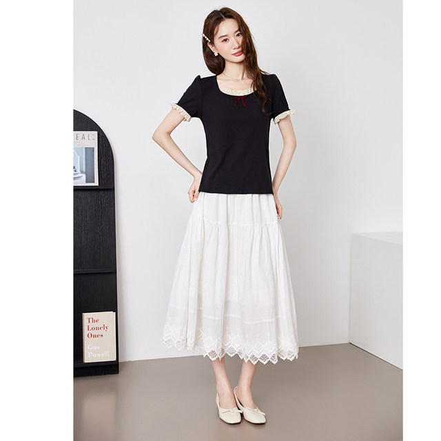 Qisao Women's Large Size Mid-Length Jacquard Lace Skirt 2025 Summer New Style Covering White Skirt