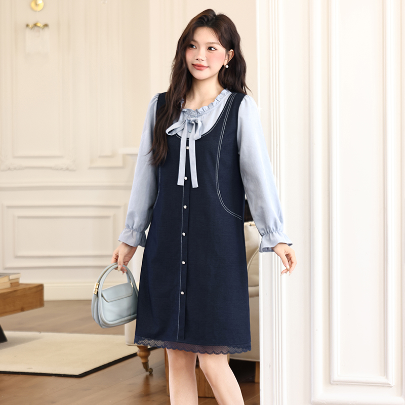 大码女装秋冬装新款显瘦胖妹妹直筒遮肉显瘦百搭长袖假两件连衣裙 - 图2