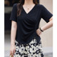 2024 new big size irregular V -neck wrinkles, shoulder shoulder T -shirt female summer micro MM black short sleeve waist top