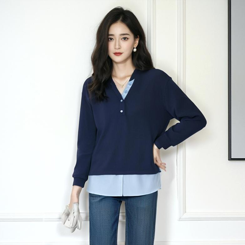 绮娑女装显瘦大码胖MM上衣女秋装2025年新款v领假两件长袖卫衣女 - 图2