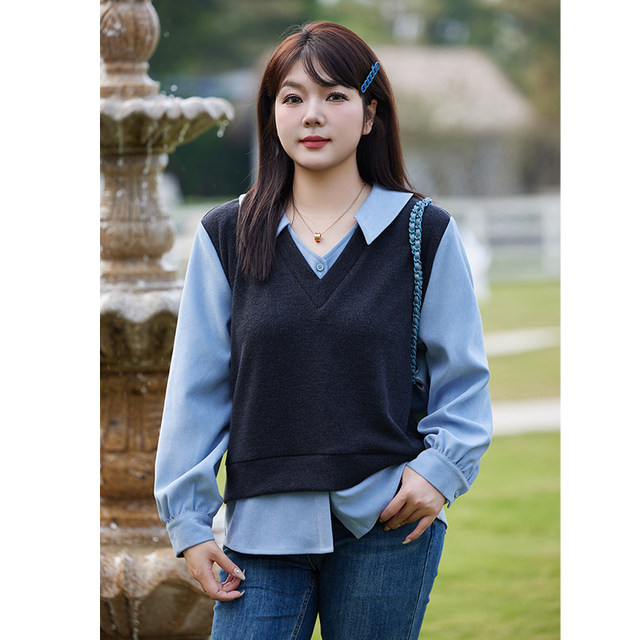 Qisao women's large size top new winter fat mm fake two-piece stitching vest contrasting color slimming loose 200Jin Jin is equal to 0.5 kg