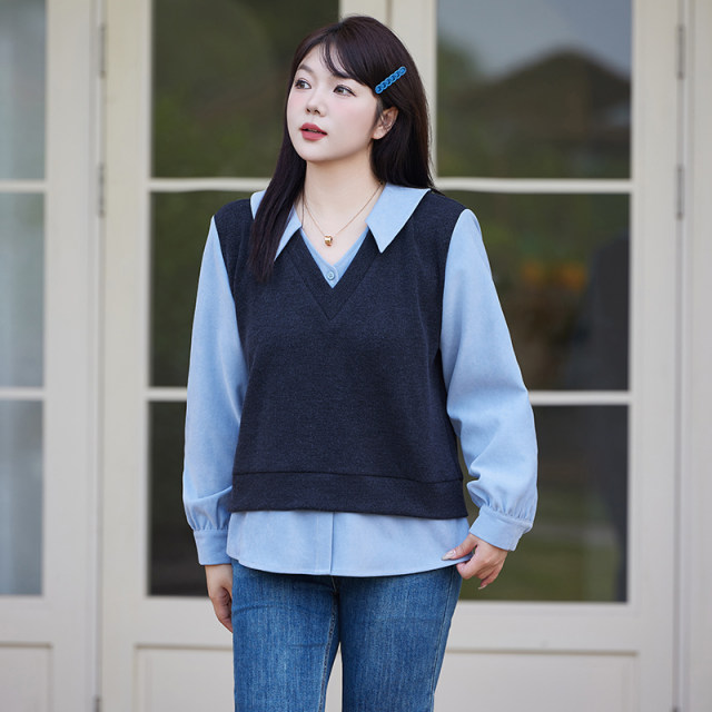 Qisao women's large size top new winter fat mm fake two-piece stitching vest contrasting color slimming loose 200Jin Jin is equal to 0.5 kg