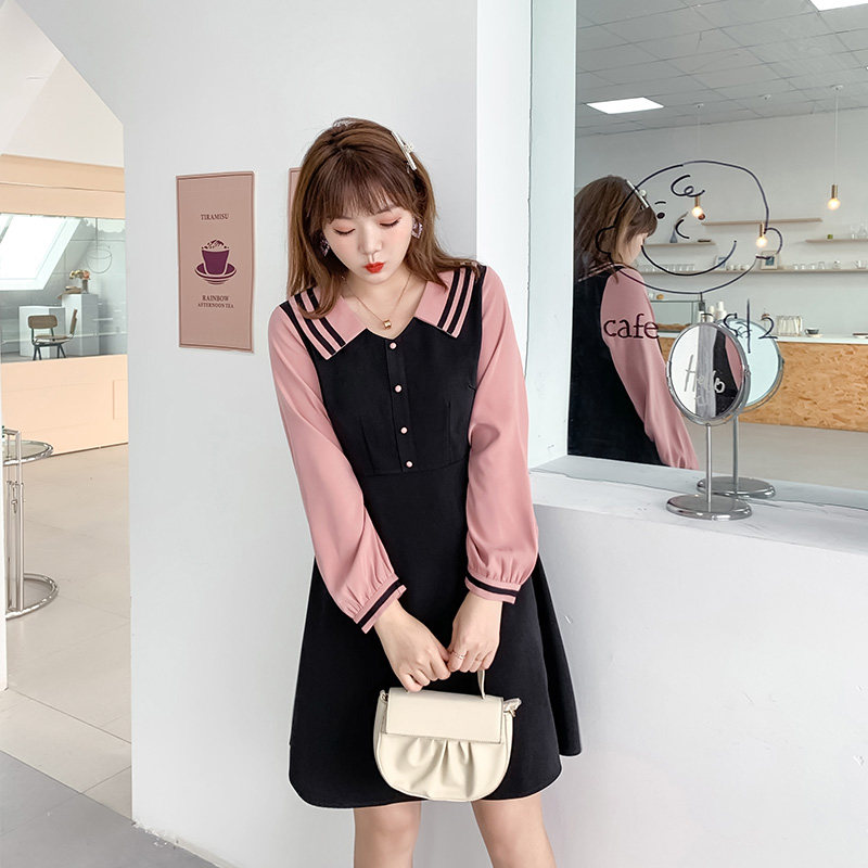 2020秋装新款海军领长袖宽松连衣裙 绮娑女装大码女装