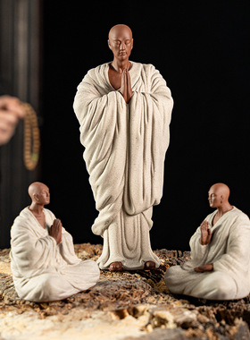 禅意中式紫砂陶瓷粉色小和尚人物摆件客厅创意茶室桌面装饰纯摆设