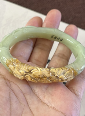 岫岩玉手镯黄白河磨玉手镯子雕刻竹子玉镯透闪石55mm内径贵妃手镯