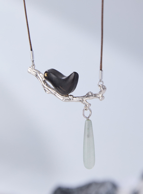 喜事临门檀木小鸟吊坠女款项链