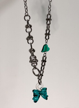 日韩系ins风琉璃蝴蝶结爱心圈圈打结拼接项链小众设计感y2k甜酷