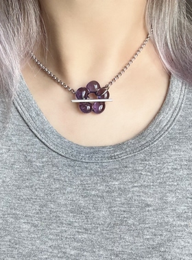 日韩系ins风琉璃紫色花朵ot扣项链小众复古y2k甜酷简约百搭锁骨链