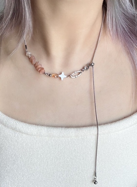 日韩系ins风橘色碎石十字星几何串珠抽拉蛇骨项链小众复古甜酷y2k