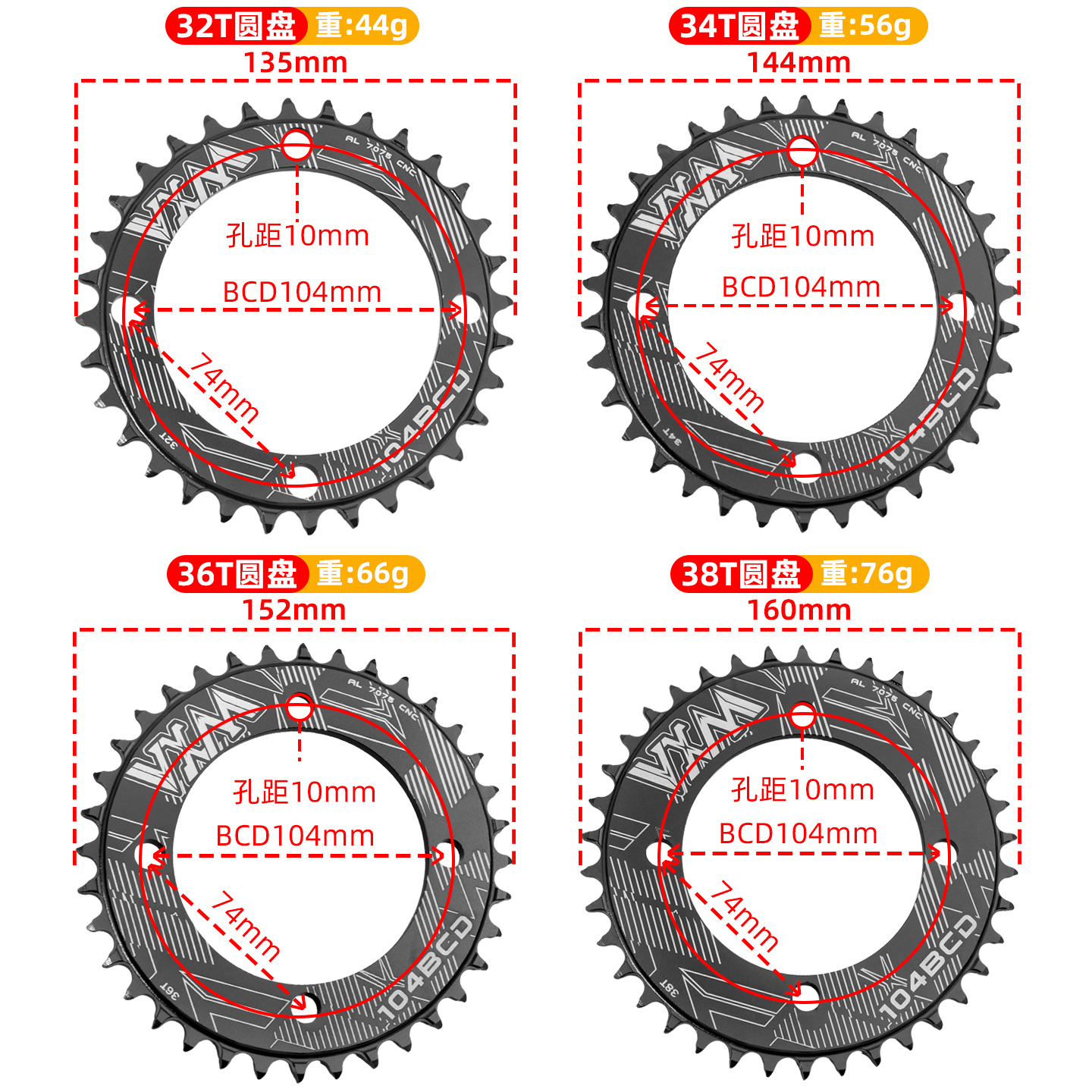 VXM山地车单盘104BCD正负齿封闭牙盘7075铝合金32T34T36T38齿圆盘 - 图0