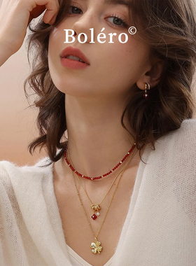 四叶草红玛瑙镀金项链本命年女