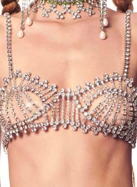 夜店比基尼闪钻亮钻石流苏胸链网状豪华水钻身体链文胸托胸罩饰品