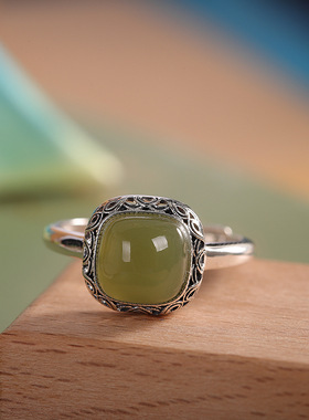 s925银和田青玉戒指小方糖祥云花边开口指环文艺复古手饰