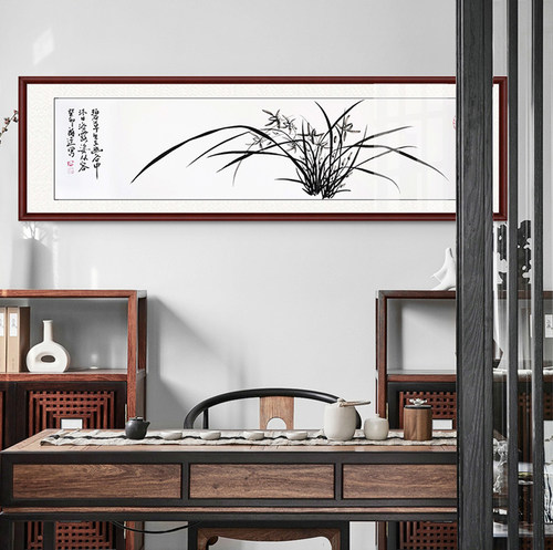 手绘中国画卧室床头客厅茶社酒店书房镜框装裱横幅对开兰花兰石图 - 图0