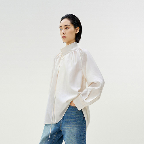 LESS春季5A桑蚕丝衬衫女重工立领设计感法式长袖衬衣2P1212900 - 图0