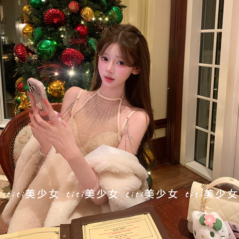 【TiTi美少女】闪钻挂脖薄纱纯欲风聚拢内搭背心吊带内搭内搭上衣,淘宝优惠券,粉丝福利购,淘宝优惠卷