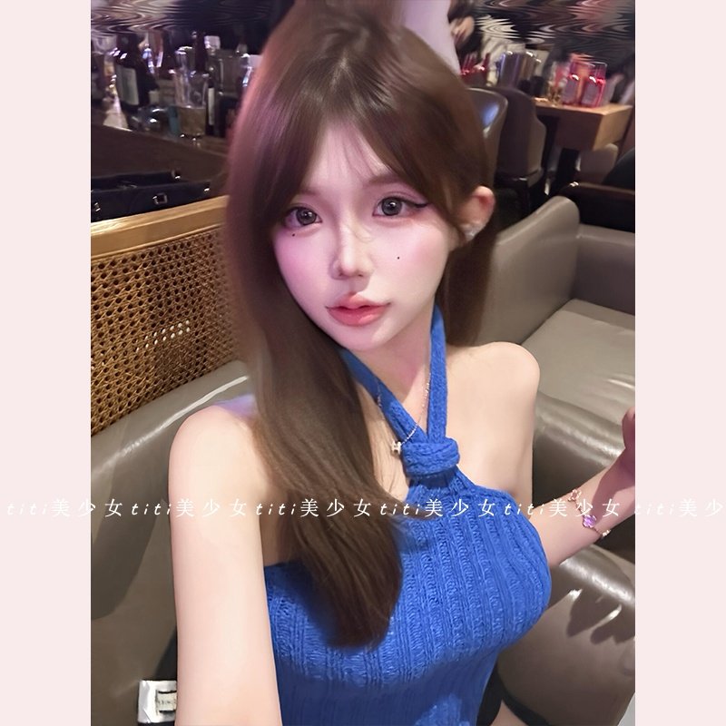 【TiTi美少女】2026春季克莱因蓝挂脖扭结粗坑条针织上衣修身背心,淘宝优惠券,粉丝福利购,淘宝优惠卷