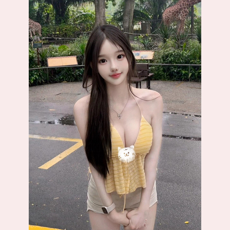 【TiTi美少女】纯欲系带露背挂脖小吊带背心女春内搭短款黄色上衣,淘宝优惠券,粉丝福利购,淘宝优惠卷