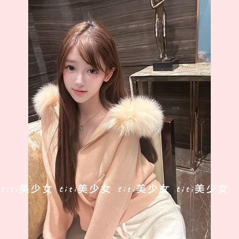 【TiTi美少女】纯欲小奶狐皮草连帽粉橘色针织狐狸大毛领短款外套,淘宝优惠券,粉丝福利购,淘宝优惠卷