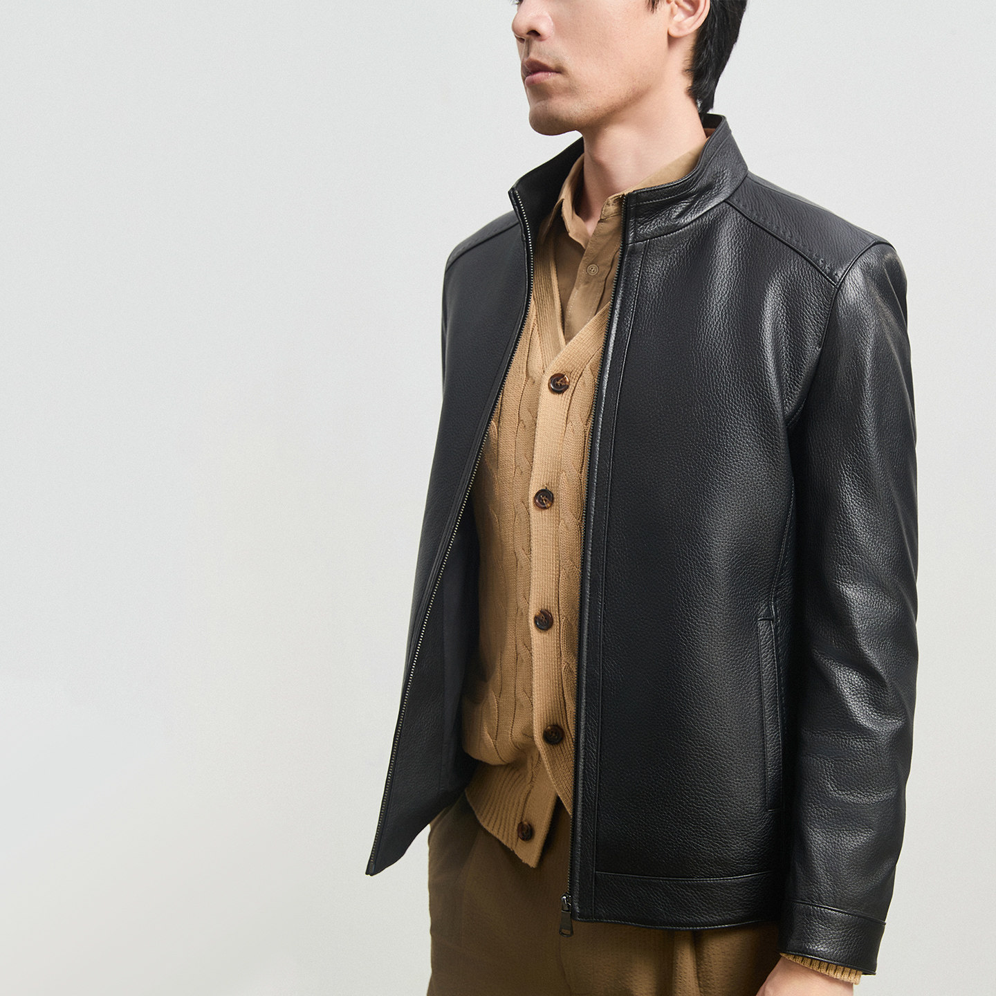 雪豹真皮男士头层鹿皮商务休闲简约时尚行政立领短款皮衣夹克外套,淘宝优惠券,粉丝福利购,淘宝优惠卷