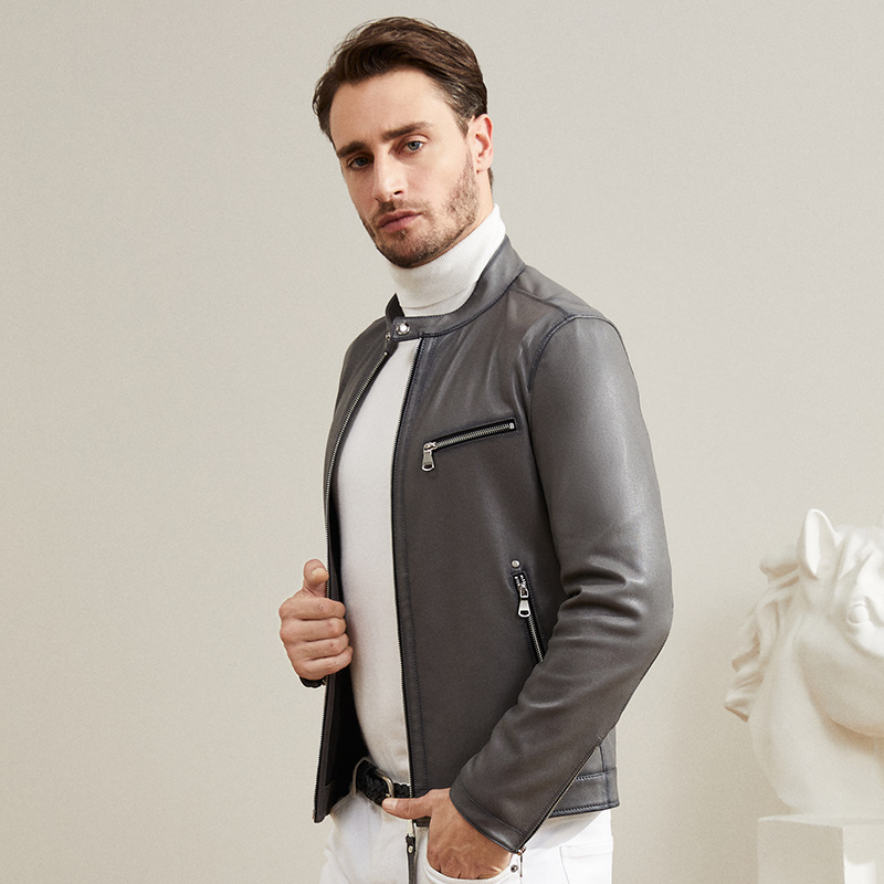 雪豹真皮皮衣男头层绵羊皮时尚潮流机车休闲弹力皮立领短夹克外套 - 图0