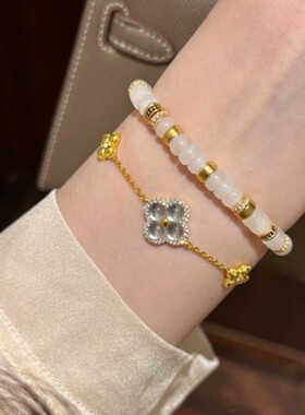 轻奢高级时尚金色水沫玉四叶草手链项链个性简约精致潮流首饰套装