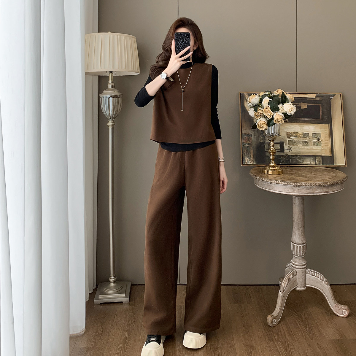 咖色复古休闲套装女秋冬季一整套穿搭高级感毛呢马甲阔腿裤三件套,淘宝优惠券,粉丝福利购,淘宝优惠卷