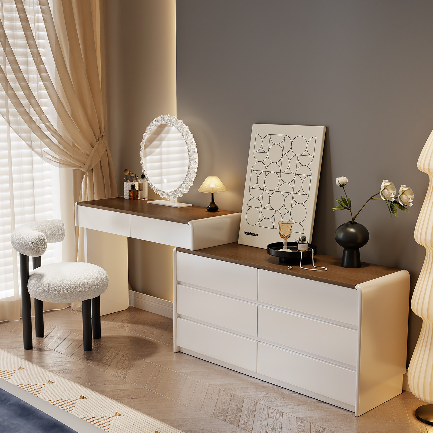 中古奶油风实木烤漆梳妆台斗柜一体化妆桌现代卧室简约储物床尾柜,淘宝优惠券,粉丝福利购,淘宝优惠卷