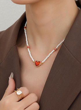 女红色爱心珍珠项链耳钉套装法式