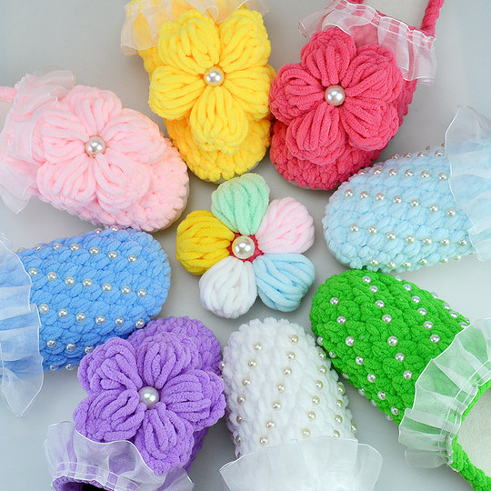 手工编织泡芙花拖鞋网红同款粗毛线钩织家居拖鞋diy材料包花朵