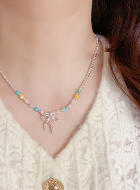 气质甜美多巴胺彩色串珠蝴蝶结项链女时尚简约锁骨链个性百搭饰品