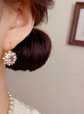 轻奢满钻紫色花瓣耳扣百搭