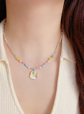 小清新厚银滴油玫瑰花几何碎银串珠项链女时尚百搭锁骨链甜美气质