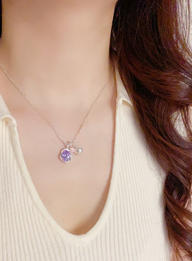 轻奢高级感厚银紫色水晶珍珠多坠项链女个性时尚百搭锁骨链新款潮