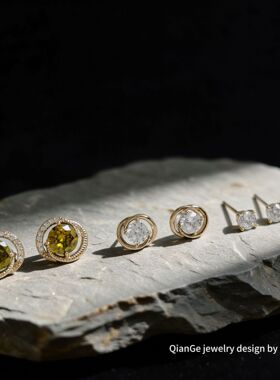 卡娜米娜 复古咖金色闪钻锆石一卡三对耳钉 精致时尚百搭轻奢耳饰