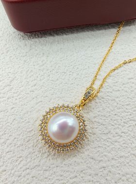 18K真金电镀满钻璀璨大太阳花珍珠项链 轻奢高级感锁骨链吊坠女