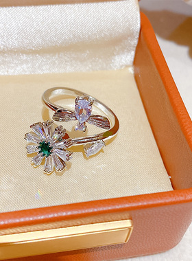 高级感气质花朵蜜蜂锆石戒指 韩版甜美时尚高级感轻奢风戒指手饰