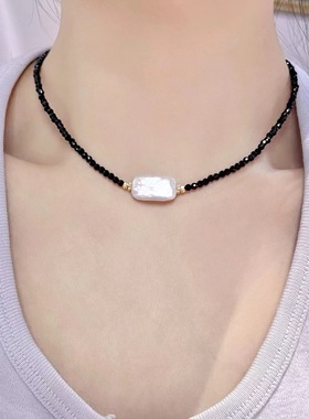 黑尖晶巴洛克珍珠锁骨链 18K注金高保色珍珠项链 大牌平替项链