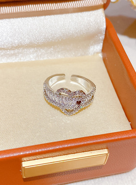 法式气质高级感爱心锆石开口可调节戒指 女高级感轻奢风戒指手饰