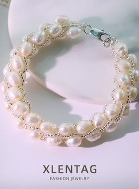 原创白色天然珍珠玻璃手链女轻奢百搭款小众高级感手镯手串手饰品