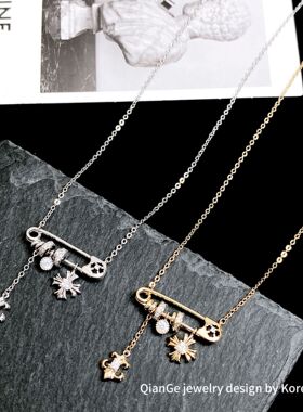 卡娜米娜 个性镶钻鸢尾花十字架别针项链 小众甜酷气质潮流锁骨链