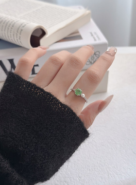 千禧玫瑰切绿色锆石珍珠可调节开口指环戒指女小众高级轻奢食指戒