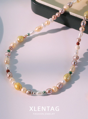 天然珍珠彩色巴洛克串珠项链女温柔气质百搭颈链高级感手工锁骨链