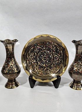 巴基斯坦铜器手工彩点墙壁挂盘家居酒店餐厅玄关仿古铜盘子摆件